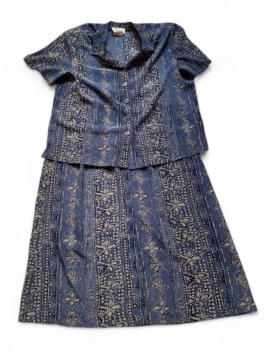 Plus Size Vintage Tradition Blue Patterned Matching Set Blouse & Skirt Size 16